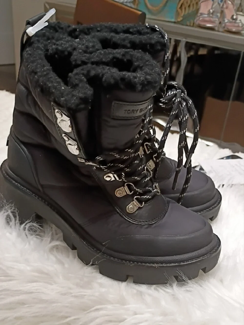 New Tory Burch Gressame Generation Black Quilted Faux-Fur Lug Sole Winter Boots